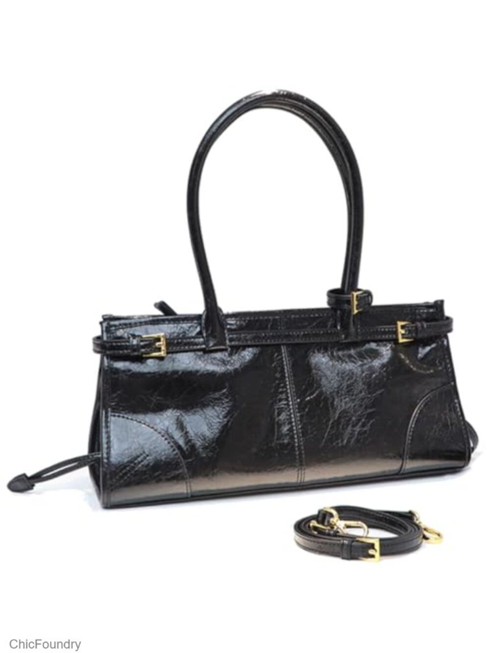 Faux Leather Baguette Shoulder Bag Structured Crossbody Purse with Detachable